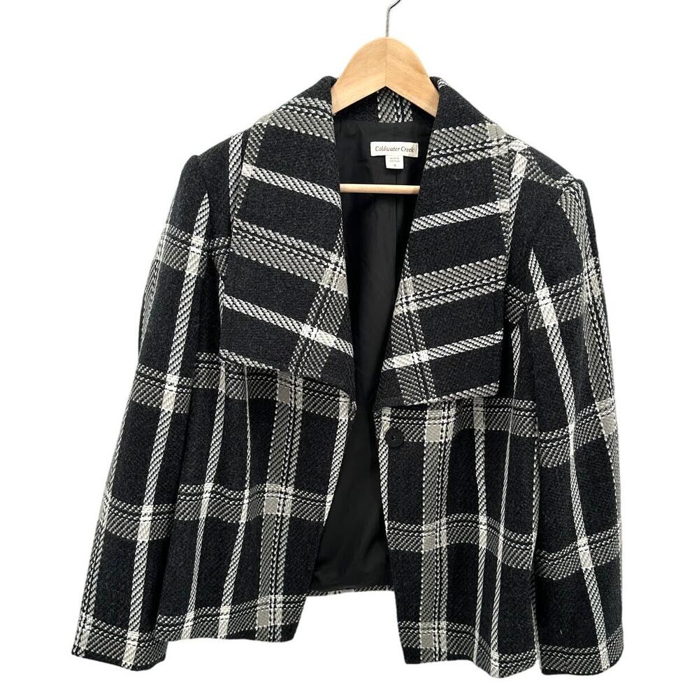 COLDWATER CREEK Black & White Wool Blend Collar Snap Closure Blazer Jacket // 16